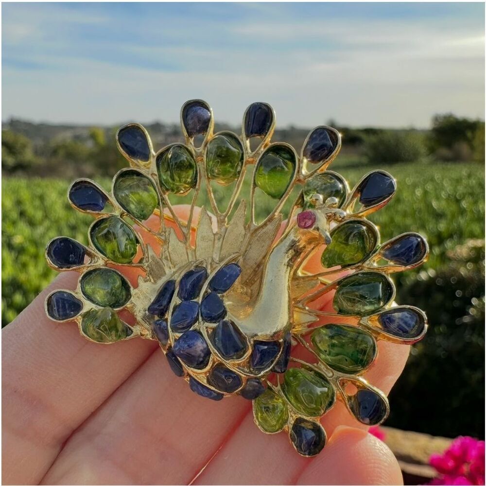 Vintage Ciro Peacock Brooch | Peridot & Sodalite Cabochons